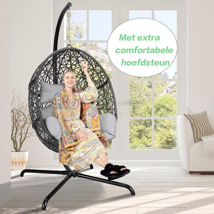Hangstoel Sydney - Bruin / Grijs Wicker - Zwart Frame - Grijze kussens - Basketmaat 82*65*110CM-voor Buiten en Binnen
