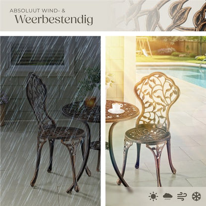 tectake® 2-Persoons Bistroset - Vintage Bistrotafel met 2 Bistrostoeltjes - Aluminium Bistro Set voor Tuin, Terras of Balkon - Weerbestendig - Bronskleurig