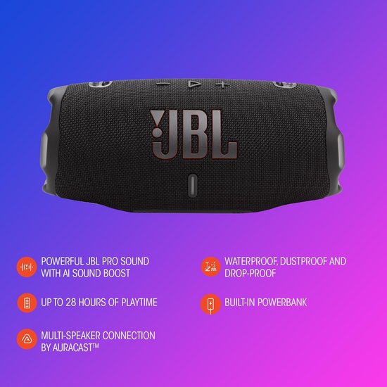 JBL Charge 6 - Draadloze Bluetooth Speaker met Afneembare Draagriem - Portable Muziek Box - 28 uur - Waterdicht - IP68 - Zwart