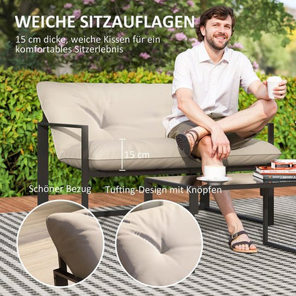 Pugsdrly Tuinsets, 1 glazen tafel, 2 fauteuils, 1 bank, weerbestendig, 114 cm x 70 cm x 67 cm, grijs + beige