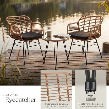 tectake® Tuinset Molfetta - Outdoor Wicker Zitgroep - Meubel voor 2 Personen - 3-delige Bistroset - Balkonmeubel - Tuinmeubelset met 2 Stoelen + Tafel - Kleine Weerbestendige Lounge voor Tuin, Balkon, Terras