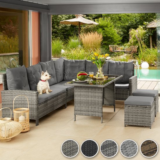 tectake® Loungeset Barletta - 6 tot 8 Personen - Modulaire Tuinset met Loungebank, Kruk en Tuintafel - Tuinmeubels - Balkonmeubel - 5-delige Zitgroep - Inclusief Kussens - Ideaal voor Tuin, Terras en Balkon - Beige met Grijze Kussens