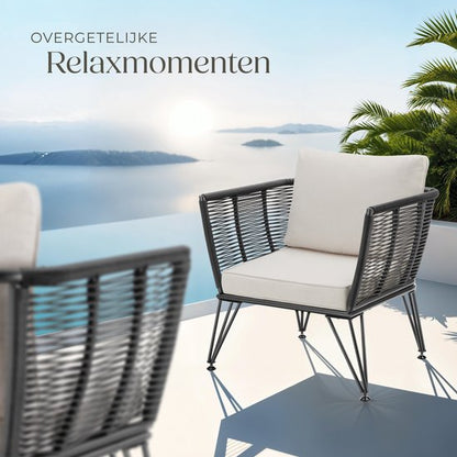 tectake® Loungestoelen Sundo - 4 Fauteuils voor Tuinset, Balkonset of Terras - Wicker Tuinstoelen Set in Rope-Design - Weerbestendig - Inclusief Kussens - Loungestoel Buiten - Loungeset Tuinmeubels