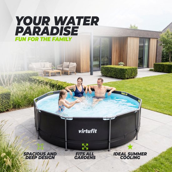 VirtuFit Rond Zwembad Ø366 x 100 cm - Incl. Filterpomp - Opzetzwembad - Duurzaam & Veilig Stalen Frame - Antraciet