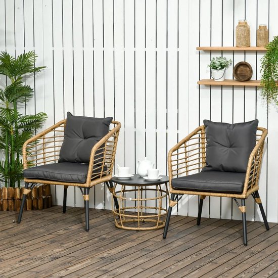 Balkonset 2 personen - Tuinset - Bistroset - Zwart - 3 delig - Met kussens - Tuintafel en 2 stoelen - Gecoat staal - Onderhoudsvrij staal