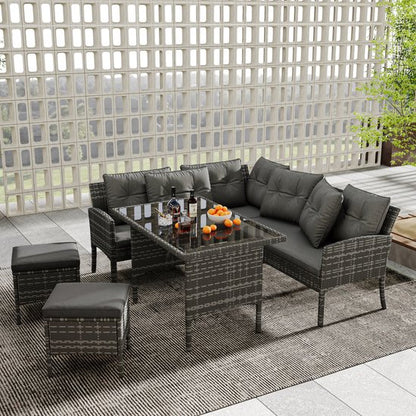 Poly rotan zitgroep eettafel lounge tuinmeubelen - zitsets tuinset - tuinlounge voor 7 personen - grijs