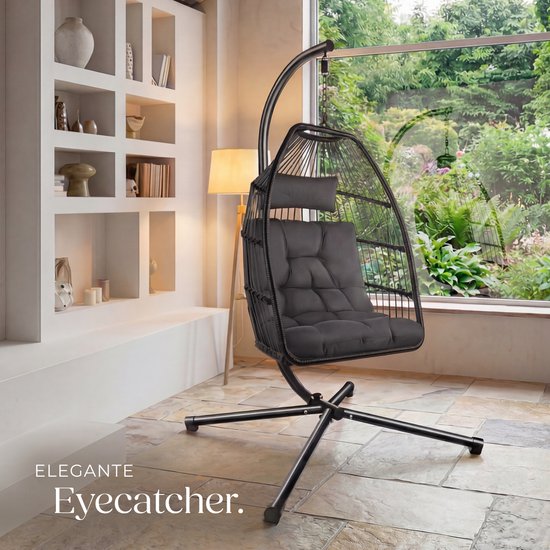 tectake® Luxe Hangstoel - Opvouwbare en draaibare Egg Chair met Standaard - Dikke Kussens - Antislipvoeten - Inclusief Beschermhoes - Ideaal voor Tuin, Terras en Slaapkamer - Donkergrijs