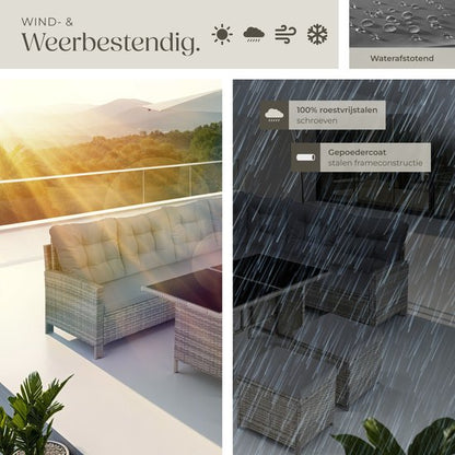 tectake® Loungeset Barletta - 6 tot 8 Personen - Modulaire Tuinset met Loungebank, Kruk en Tuintafel - Tuinmeubels - Balkonmeubel - 5-delige Zitgroep - Inclusief Kussens - Ideaal voor Tuin, Terras en Balkon - Beige met Grijze Kussens