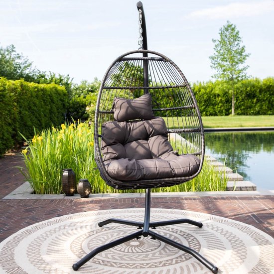 Vita5 Egg Hangstoel – Binnen en Buiten – Cocoon Stoel - met Standaard - tot 150kg – Opvouwbaar - Incl. Kussen en Waterdichte Beschermhoes – Donkerbruin