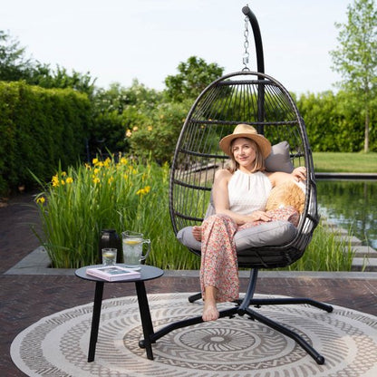 Vita5 Egg Hangstoel – Met Standaard – Binnen en Buiten – Cocoon Stoel - Opvouwbaar - Tot 150kg – Incl. Kussen en Waterdichte Beschermhoes – Lichtgrijs
