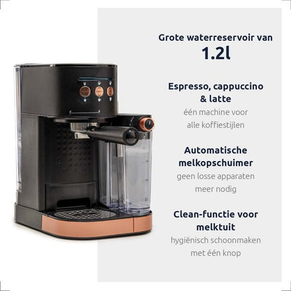 BluMill Koffiemachine - Pistonmachine - Espressomachine - Automatische Melkschuimer & 2 portafilters - 1,2 Liter Waterreservoir