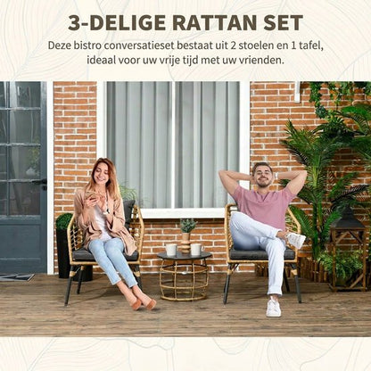 Balkonset 2 personen - Tuinset - Bistroset - Zwart - 3 delig - Met kussens - Tuintafel en 2 stoelen - Gecoat staal - Onderhoudsvrij staal