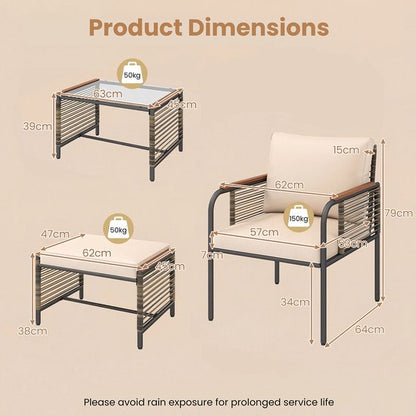 KOMFOTTEU 5-delig Tuinmeubelset voor buiten, met kussens, tuinmeubelen van rotan met 1 salontafel van gehard glas, 2 stoelen en 2 voetenbankjes, voor balkon, terras, patio