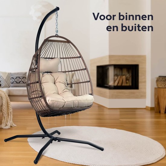 Vita5 Egg Hangstoel – Voor Binnen en Buiten – tot 150kg – Opvouwbaar - Incl. Standaard, Kussen en Waterdichte Beschermhoes – Cocoon Stoel - Crème Wit