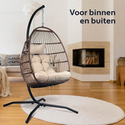 Vita5 Egg Hangstoel – Voor Binnen en Buiten – tot 150kg – Opvouwbaar - Incl. Standaard, Kussen en Waterdichte Beschermhoes – Cocoon Stoel - Crème Wit