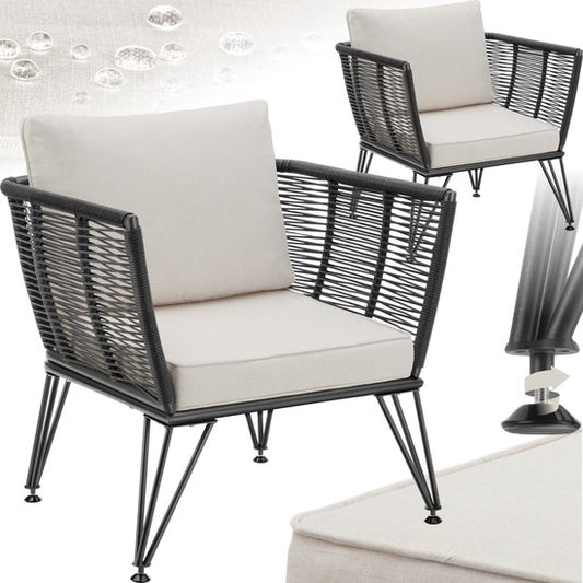 tectake® Loungestoelen Sundo - 2 Fauteuils voor Tuinset, Balkonset of Terras - Wicker Tuinstoelen Set in Rope-Design - Weerbestendig - Inclusief Kussens - Loungestoel Buiten - Loungeset Tuinmeubels