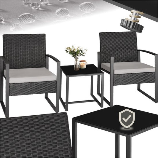 tectake® Tuinset Granada - Voor 2 Personen - 2 Loungestoelen met Bijzettafel - Wicker Zitgroep met Tuinstoelen en Tafel - Balkonmeubelset - Gestoffeerde Weerbestendige Stoelen inclusief Buitentuintafel - Zwart