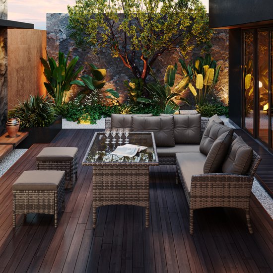 Poly rotan zitgroep eettafel lounge tuinmeubelen - zitsets tuinset - tuinlounge voor 7 personen - grijs