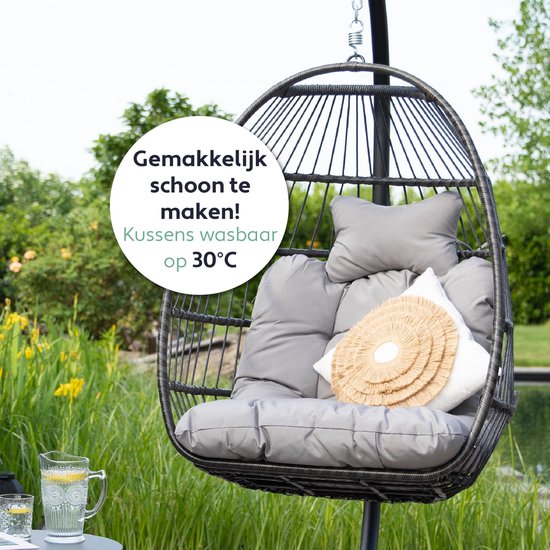 Vita5 Egg Hangstoel – Met Standaard – Binnen en Buiten – Cocoon Stoel - Opvouwbaar - Tot 150kg – Incl. Kussen en Waterdichte Beschermhoes – Lichtgrijs