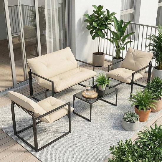 Pugsdrly Tuinsets, 1 glazen tafel, 2 fauteuils, 1 bank, weerbestendig, 114 cm x 70 cm x 67 cm, grijs + beige