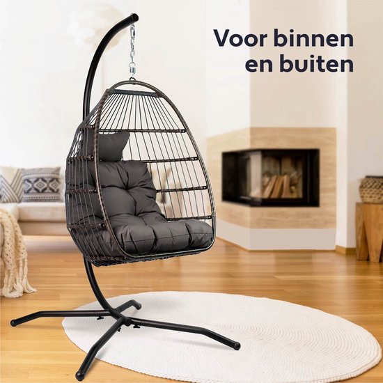 Vita5 Egg Hangstoel – Binnen en Buiten – Cocoon Stoel - met Standaard - tot 150kg – Opvouwbaar - Incl. Kussen en Waterdichte Beschermhoes – Donkerbruin
