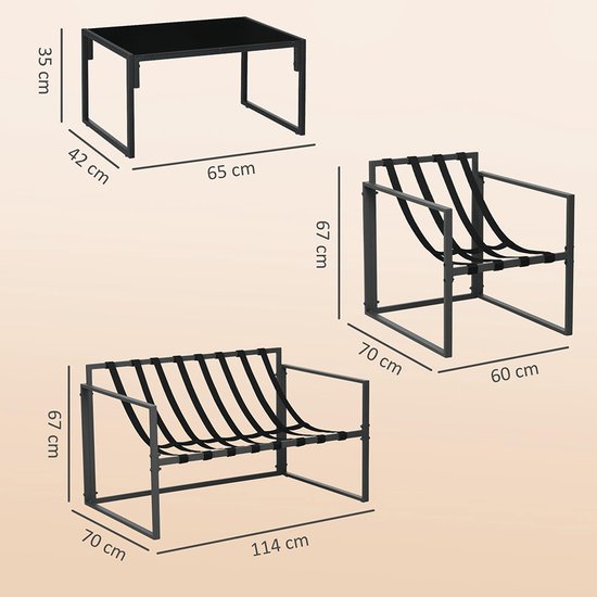 Pugsdrly Tuinsets, 1 glazen tafel, 2 fauteuils, 1 bank, weerbestendig, 114 cm x 70 cm x 67 cm, grijs + beige