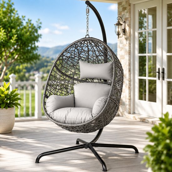 Hangstoel Sydney - Bruin / Grijs Wicker - Zwart Frame - Grijze kussens - Basketmaat 82*65*110CM-voor Buiten en Binnen
