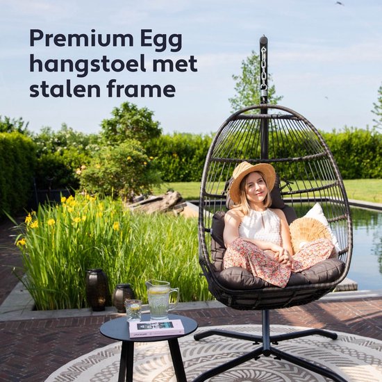Vita5 Egg Hangstoel – Binnen en Buiten – Cocoon Stoel - met Standaard - tot 150kg – Opvouwbaar - Incl. Kussen en Waterdichte Beschermhoes – Donkerbruin