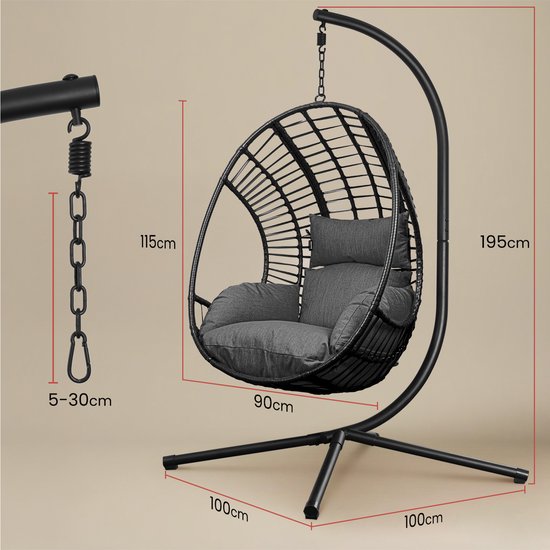 Swoods XXL Egg Hangstoel – Hangstoel met standaard – Egg Chair – tot 150kg – Donkergrijs