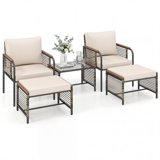 KOMFOTTEU 5-delig Tuinmeubelset voor buiten, met kussens, tuinmeubelen van rotan met 1 salontafel van gehard glas, 2 stoelen en 2 voetenbankjes, voor balkon, terras, patio