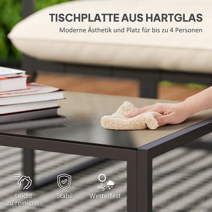 Pugsdrly Tuinsets, 1 glazen tafel, 2 fauteuils, 1 bank, weerbestendig, 114 cm x 70 cm x 67 cm, grijs + beige