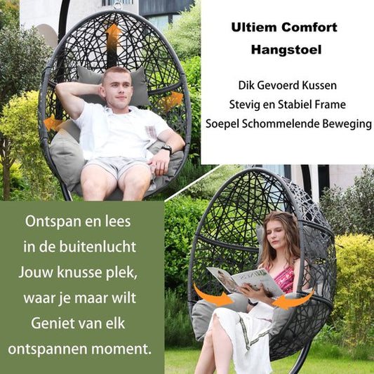 Hangstoel Sydney - Bruin / Grijs Wicker - Zwart Frame - Grijze kussens - Basketmaat 82*65*110CM-voor Buiten en Binnen