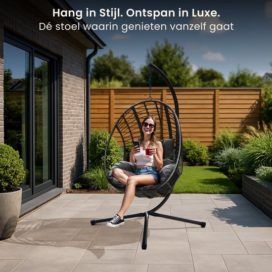 Swoods XXL Egg Hangstoel – Hangstoel met standaard – Egg Chair – tot 150kg – Donkergrijs