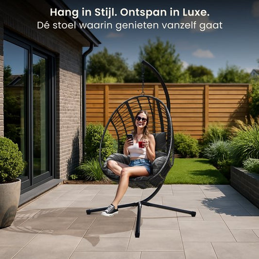Swoods XXL Egg Hangstoel – Hangstoel met standaard – Egg Chair – tot 150kg – Donkergrijs
