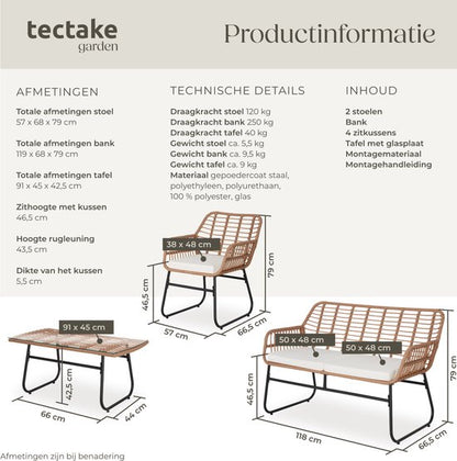 tectake® Bistroset Molfetta XL - Tuinset voor 4 Personen - Weerbestendige Loungeset - 2 Tuinstoelen, Tuinbank en Tuinafel - Inclusief comfortabele Kussens - Zitgroep voor Tuin, Balkon en Terras
