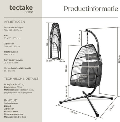tectake® Luxe Hangstoel - Opvouwbare en draaibare Egg Chair met Standaard - Dikke Kussens - Antislipvoeten - Inclusief Beschermhoes - Ideaal voor Tuin, Terras en Slaapkamer - Donkergrijs