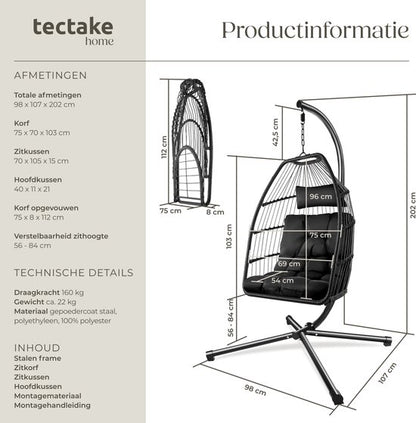 tectake® Luxe Hangstoel - Opvouwbare en draaibare Egg Chair met Standaard - Dikke Kussens - Antislipvoeten - Inclusief Beschermhoes - Ideaal voor Tuin, Terras en Slaapkamer - Zwart