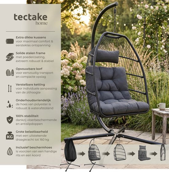 tectake® Luxe Hangstoel - Opvouwbare en draaibare Egg Chair met Standaard - Dikke Kussens - Antislipvoeten - Inclusief Beschermhoes - Ideaal voor Tuin, Terras en Slaapkamer - Donkergrijs