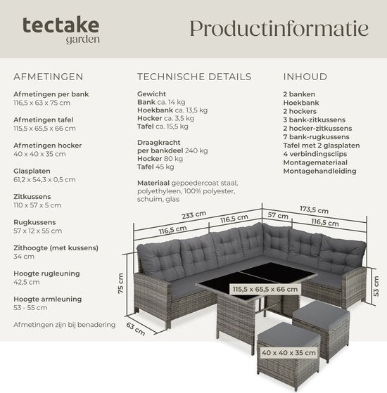 tectake® Loungeset Barletta - 6 tot 8 Personen - Modulaire Tuinset met Loungebank, Kruk en Tuintafel - Tuinmeubels - Balkonmeubel - 5-delige Zitgroep - Inclusief Kussens - Ideaal voor Tuin, Terras en Balkon - Beige met Grijze Kussens