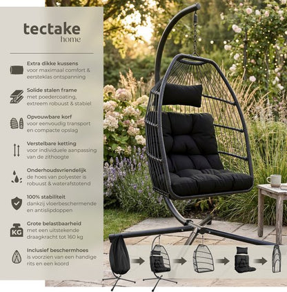 tectake® Luxe Hangstoel - Opvouwbare en draaibare Egg Chair met Standaard - Dikke Kussens - Antislipvoeten - Inclusief Beschermhoes - Ideaal voor Tuin, Terras en Slaapkamer - Zwart