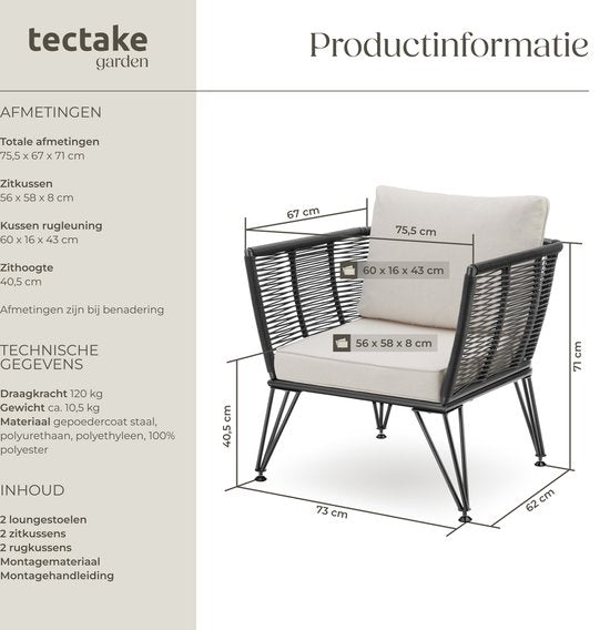 tectake® Loungestoelen Sundo - 2 Fauteuils voor Tuinset, Balkonset of Terras - Wicker Tuinstoelen Set in Rope-Design - Weerbestendig - Inclusief Kussens - Loungestoel Buiten - Loungeset Tuinmeubels