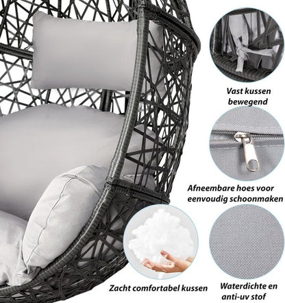 Hangstoel Sydney - Bruin / Grijs Wicker - Zwart Frame - Grijze kussens - Basketmaat 82*65*110CM-voor Buiten en Binnen