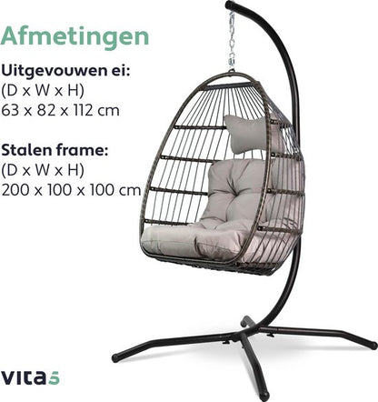 Vita5 Egg Hangstoel – Met Standaard – Binnen en Buiten – Cocoon Stoel - Opvouwbaar - Tot 150kg – Incl. Kussen en Waterdichte Beschermhoes – Lichtgrijs