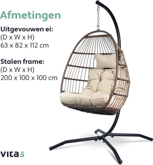 Vita5 Egg Hangstoel – Voor Binnen en Buiten – tot 150kg – Opvouwbaar - Incl. Standaard, Kussen en Waterdichte Beschermhoes – Cocoon Stoel - Crème Wit