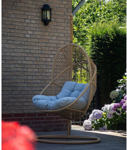 Ogarden Hangstoel Havana– Egg Chair met Bruin Standaard – Grijs Kussen – Voor Binnen & Buiten