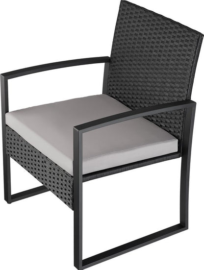 tectake® Tuinset Granada - Voor 2 Personen - 2 Loungestoelen met Bijzettafel - Wicker Zitgroep met Tuinstoelen en Tafel - Balkonmeubelset - Gestoffeerde Weerbestendige Stoelen inclusief Buitentuintafel - Zwart