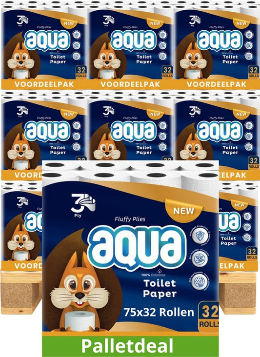 AQUA - Tripple Soft - 75x32 rollen WC papier - 2400 Rollen - 3 Laags Toiletpapier, Extra Zacht & Pluisvrij, Tripple comfort - Palletvoordeel - Voordeelverpakking WC Papier